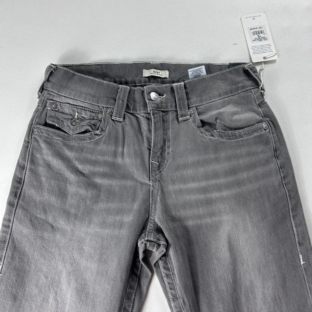 True Religion Ricky Relaxed Straight Jeans Chalk Grey Wash Flap Pocket 30x34 NEW